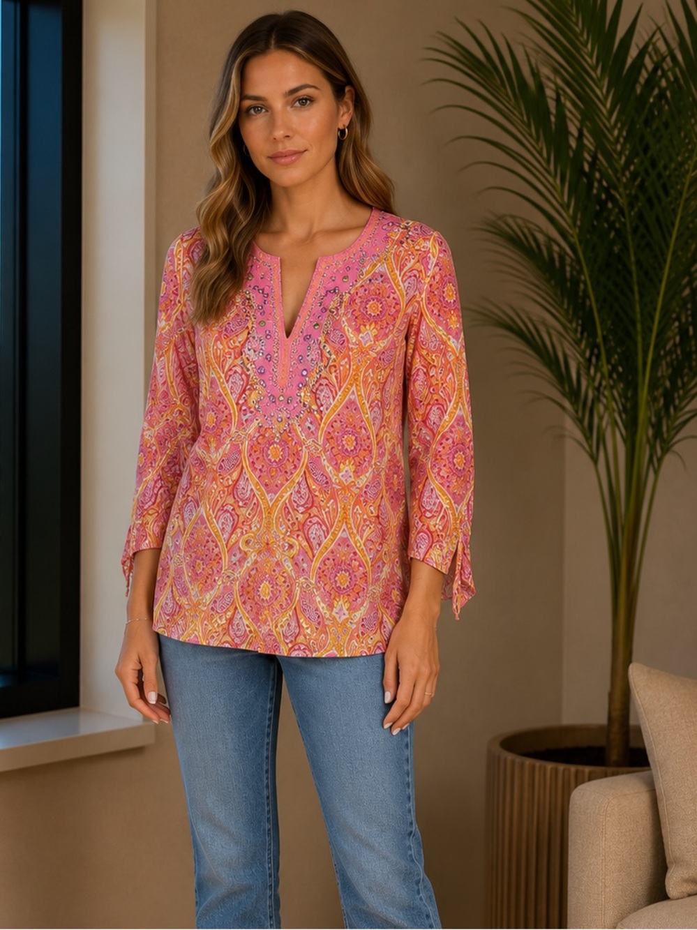 Cynthia Rowley Linen Rayon Blend Embroidered Deep V-neck Tunic Top size Medium